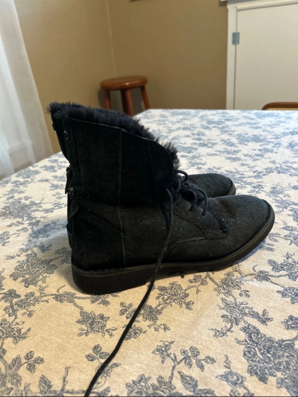 UGG Black Suede Fur-Trim Lace-Up Ankle Boots